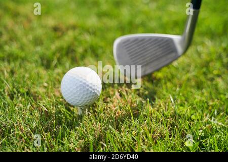 Golf kit sull'erba verde illuminata dal sole Foto Stock