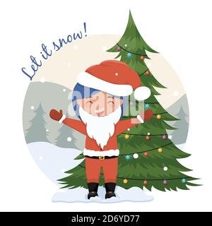 Simpatico cartoon illustrazione di Natale con ispirazione Let it neve citazione scritte. Illustrazione Vettoriale