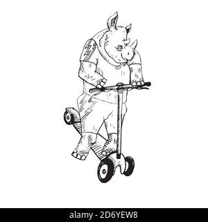 Rhino personaggio in abbigliamento elegante su scooter da calcio, doodle disegnate a mano, schizzo, illustrazione del contorno in bianco e nero Foto Stock