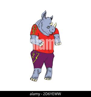 Rhino personaggio in abbigliamento brillante fantasia, doodle disegnati a mano, schizzo, illustrazione a colori Foto Stock