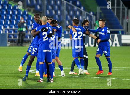 llan Nyom e David Timor di Getafe CF festeggiano dopo Il campionato spagnolo di calcio la Liga tra Getafe CF E il FC Barcelona il mese di ottobre Foto Stock