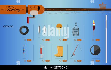 un negozio online per la pesca e attrezzature da pesca. Illustrazione piatta del luogo con i prodotti e la loro consegna alla sede del compratore s. Un'app per smartphone o un sito Web che vende tutto per la pesca. Annunci sulla home page del vostro hobby e una scatola di consegna sul vostro laptop. Illustrazione Vettoriale