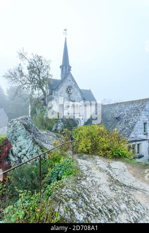 Francia, Maine et Loire, Valle della Loira Patrimonio Mondiale dell'UNESCO, Ile de Behuard, Behuard, Notre Dame chiesa costruita su una roccia, luogo di pellegrino Foto Stock