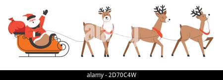 Babbo Natale a cavallo su slitta con renne natalizie Illustrazione Vettoriale