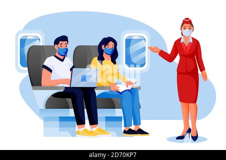 Stewardess, uomo, donna in maschera di protezione medica viaggiano in aereo. Illustrazione dei caratteri cartoni animati vettoriali. Viaggi aerei nuove regole, sano e sicuro Illustrazione Vettoriale