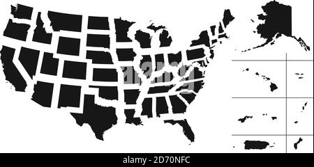 Insieme di stati americani separati. Mappa divisa degli Stati Uniti. Tutti i paesi sono denominati nel pannello livello Illustrazione Vettoriale