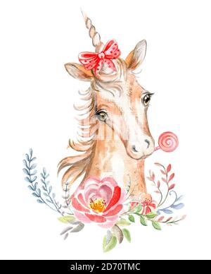 Unicorno acquerello con bellissimi fiori e caramelle Foto Stock