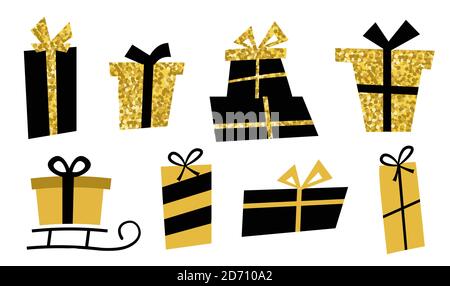 Confezione regalo grande set dorato. Icone regalo in stile piatto, possono essere utilizzate per le carte per Natale o compleanno. Illustrazione Vettoriale
