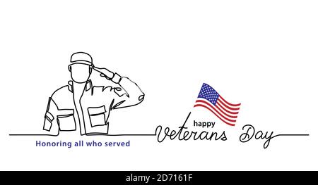 Veterans giorno banner vettoriale minimalista, poster, sfondo con profilo soldato americano. Un disegno a linea continua con lettere Happy Veterans Day Illustrazione Vettoriale