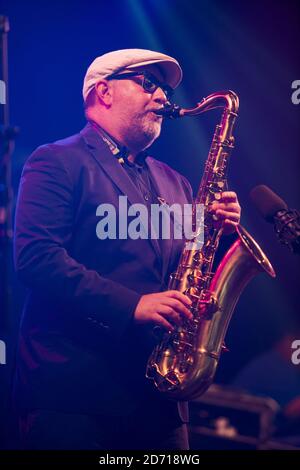 Fat Freddy's Drop che si esibisce al festival Womad, a Charlton Park, Wiltshire. Foto Stock