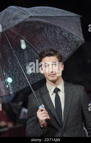 Miles Teller partecipa alla prima di Whiplash, tenuta presso l'Odeon Cinema di Leicester Square, Londra come parte del BFI London Film Festival. Foto Stock