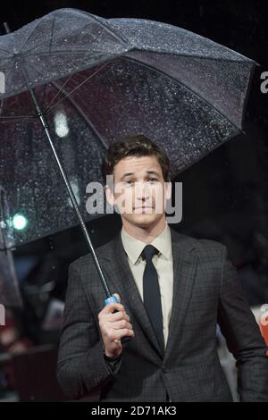 Miles Teller partecipa alla prima di Whiplash, tenuta presso l'Odeon Cinema di Leicester Square, Londra come parte del BFI London Film Festival. Foto Stock