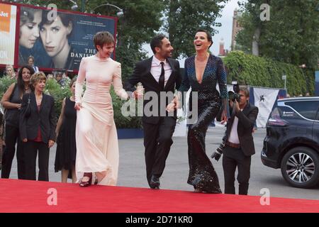 Juliette Binoche, Piero Messina e Lou de Laage arrivano alla prima di l'attesa, al 72esimo Festival del Cinema di Venezia, Italia. Foto Stock