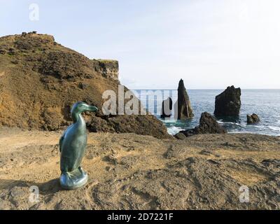 Monumento per il grande auk estinto (Pinguinus impennis), creato da Todd McGrain. Paesaggio costiero a Reykjaneviti e Valahnukur sulla penna di Reykjanes Foto Stock