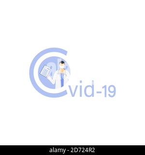 Il medico ti dà il benvenuto con una compressa in mano. Logo. Andiamo a lavorare per voi e rimanete a casa per noi Illustrazione Vettoriale