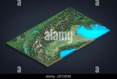 Arco Alpino Italiano e Nord Italia, vista satellitare. Vista aerea del nord della penisola. Montagne, laghi e pianure. Mappa fisica. Foto Stock