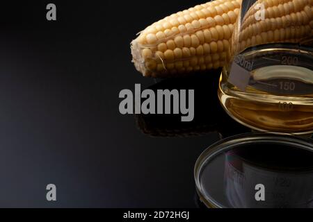 Etanolo come combustibile rinnovabile, alternativa verde sostenibile ai combustibili fossili e concetto di soluzione di biocarburante con mais, bicchiere di vetro e piastra di Petri isolati Foto Stock