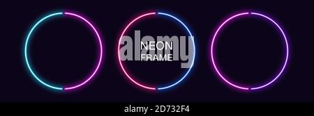 Cornice circolare al neon. Set di bordi rotondi al neon in 2 parti del contorno. Forma geometrica con spazio di copia, elemento grafico futuristico per storie sui social media. Illustrazione Vettoriale