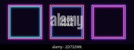 Cornice quadrata al neon. Set di bordi al neon a quadratura con contorno doppio. Forma geometrica con spazio di copia, elemento grafico futuristico per i social media stori Illustrazione Vettoriale