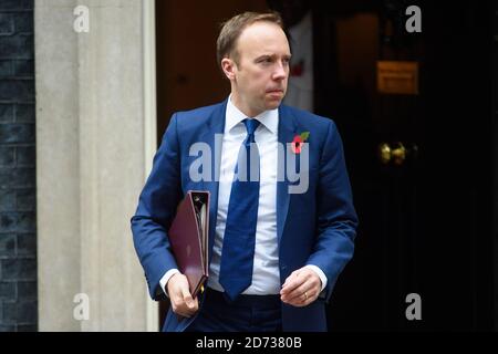 Matt Hancock, Segretario per la Salute e l'assistenza sociale, ha lasciato una riunione del Gabinetto a Downing Street, Londra. Data immagine: Martedì 29 ottobre 2019. Il credito fotografico dovrebbe essere: Matt Crossick/Empics Foto Stock