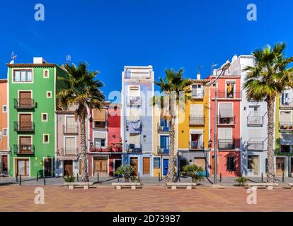 Case colorate, Villajoyosa, Costa Blanca, Comunità Valenciana, Spagna Foto Stock