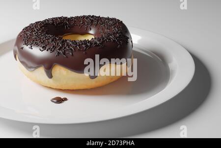 ciambella di cioccolato in 3d su un piatto bianco con spruzzi di cioccolato. Foto Stock