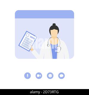 Dottore alla consultazione online. Servizi medici remoti. Il medico con la compressa mostra i dati dei test Illustrazione Vettoriale