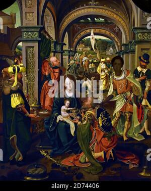 Adorazione dei Magi (centro) Maria nel culto del Cristo bambino di Pieter Coecke van Aelst 1537, belga, belga, fiammingo, olandese, (pannello centrale Tryptych) P. i Coecke van Aelst. Foto Stock