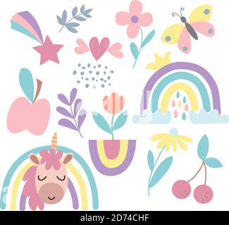 Immagine con un insieme di carino cartone animato unicorno, arcobaleno, farfalla, fiori, frutti in grafica vettoriale. Per design, stampe per bambini t-shirt, notebook Illustrazione Vettoriale