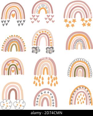 Set di arcobaleni marrone pastello con ornamento in grafica vettoriale su sfondo bianco. Per la progettazione di cartoline, poster, stampe per bambini Illustrazione Vettoriale