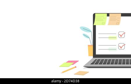 Documento dell'elenco di controllo nel vettore laptop e scrivania da lavoro. Calcolatore cartoon con segni di spunta Illustrazione Vettoriale