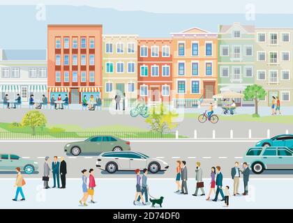 La silhouette della città di una piccola città con le persone nel tempo libero, e il traffico stradale, illustrazione Illustrazione Vettoriale