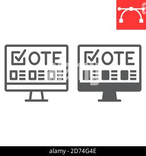 Linea di voto online e icona glifo, elezione e votazione online, grafica vettoriale segno monitor, icona lineare tratto modificabile, eps 10. Illustrazione Vettoriale