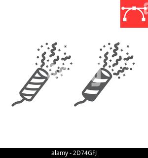 Pop party con linea di confetti e icona glifo, buon natale e streamer, grafica vettoriale di Cracker di confetti popper, tratto modificabile lineare Illustrazione Vettoriale