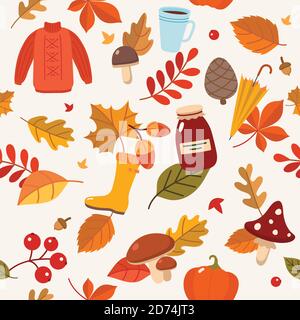 Modello autunnale con foglie ed elementi autunnali Illustrazione Vettoriale