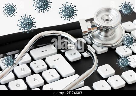 Corona Virus mit Stethoskop und Tastatur Konzept Foto Stock