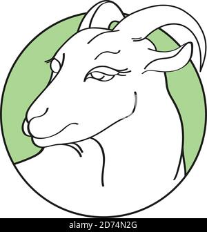 Capra disegnata a mano in cornice rotonda verde isolata su sfondo bianco. Silhouette lineare. Illustrazione vettoriale. Emblema formaggio agricolo biologico, latte o carne Illustrazione Vettoriale