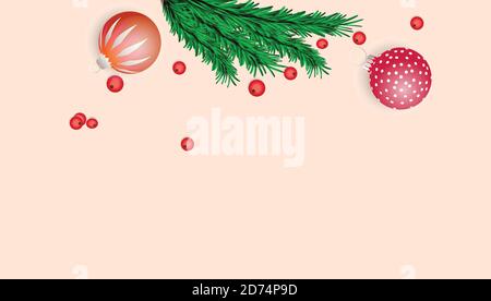 Regali di Natale e banner rami di abete rosso su sfondo rosso. Confezioni regalo realistiche. Spazio vuoto per scrivere testo fresco. Disegno astratto. EPS10 Illustrazione Vettoriale