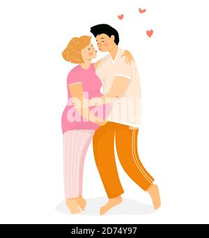 Gravidanza e donna incinta felice a casa con il marito o l'amante, hugging tenera coppia. Ragazza con un disegno grande dell'illustrazione del bump del bambino. Illustrazione Vettoriale