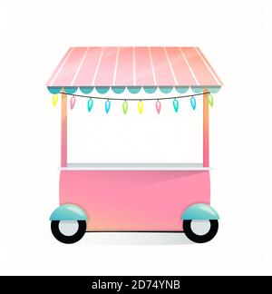 Stand mercato di strada, stand commerciali vuoto per cibi dolci o panetteria, i bambini dolci negozio cartoni animati design. Illustrazione Vettoriale