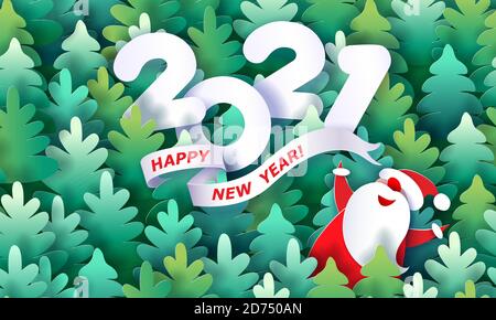 Moderno banner in carta con Babbo Natale. Motivo in abete senza cuciture. Felice anno nuovo 2021 e Natale design. Immagine vettoriale del taglio della carta. Illustrazione Vettoriale