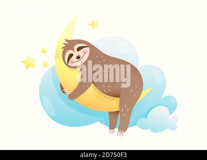 Il piccolo bambino sloth gli occhi dormenti chiusi, sorridente felice nel sogno. Dolce cucciolo animale abbracciando la luna sognando stelle e luna. Illustrazione Vettoriale