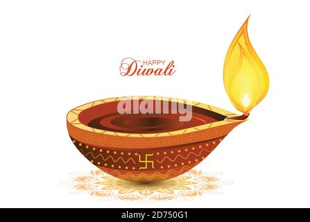 Dipawali è scritto in Hindi che significa la festa delle luci. Illustrazione vettoriale di Diwali festival Diya lampada. Paesaggio urbano indiano sullo sfondo. Illustrazione Vettoriale