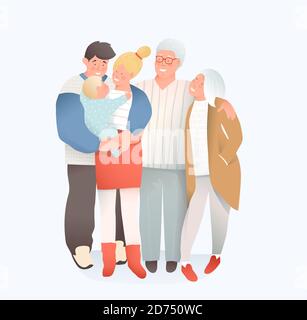 Giovane madre e padre, nonno e nonna grande famiglia abbracciando insieme con un bambino bonding. Illustrazione Vettoriale