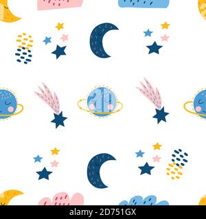 Pattern senza cuciture con cute luna blu, nuvole, pianeta, stelle su sfondo bianco, in grafica vettoriale. Per la progettazione di carta da imballaggio, bambini Illustrazione Vettoriale