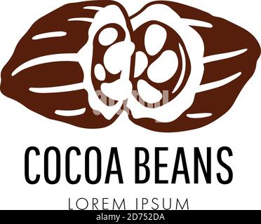 Logo di chicchi di cacao al cioccolato. Vettore di semi di cacao marrone isolato su sfondo bianco Illustrazione Vettoriale