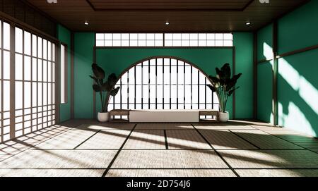 La sala Mint è spaziosa e di stile giapponese e luminosa in tonalità naturali. Rendering 3D Foto Stock