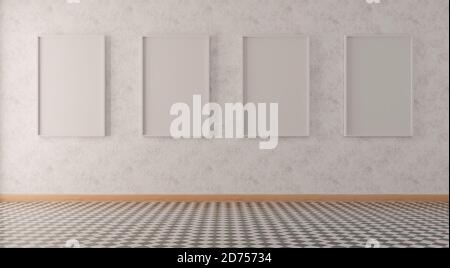Quattro montatura verticale bianca, cornice in legno e sedie sulla parete rossa, illustrazione 3d Foto Stock