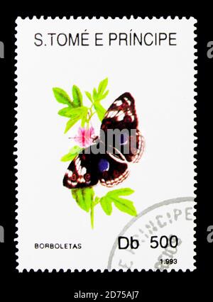 MOSCA, RUSSIA - 25 NOVEMBRE 2017: Un francobollo stampato a Sao Tomé e Principe mostra Heliconian Butterfly (Heliconius sp.), serie, circa 1993 Foto Stock