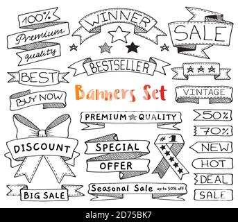 Set di striscioni, bandiere, nastri e tag Doodle, disegnati a mano con linea sottile Illustrazione Vettoriale